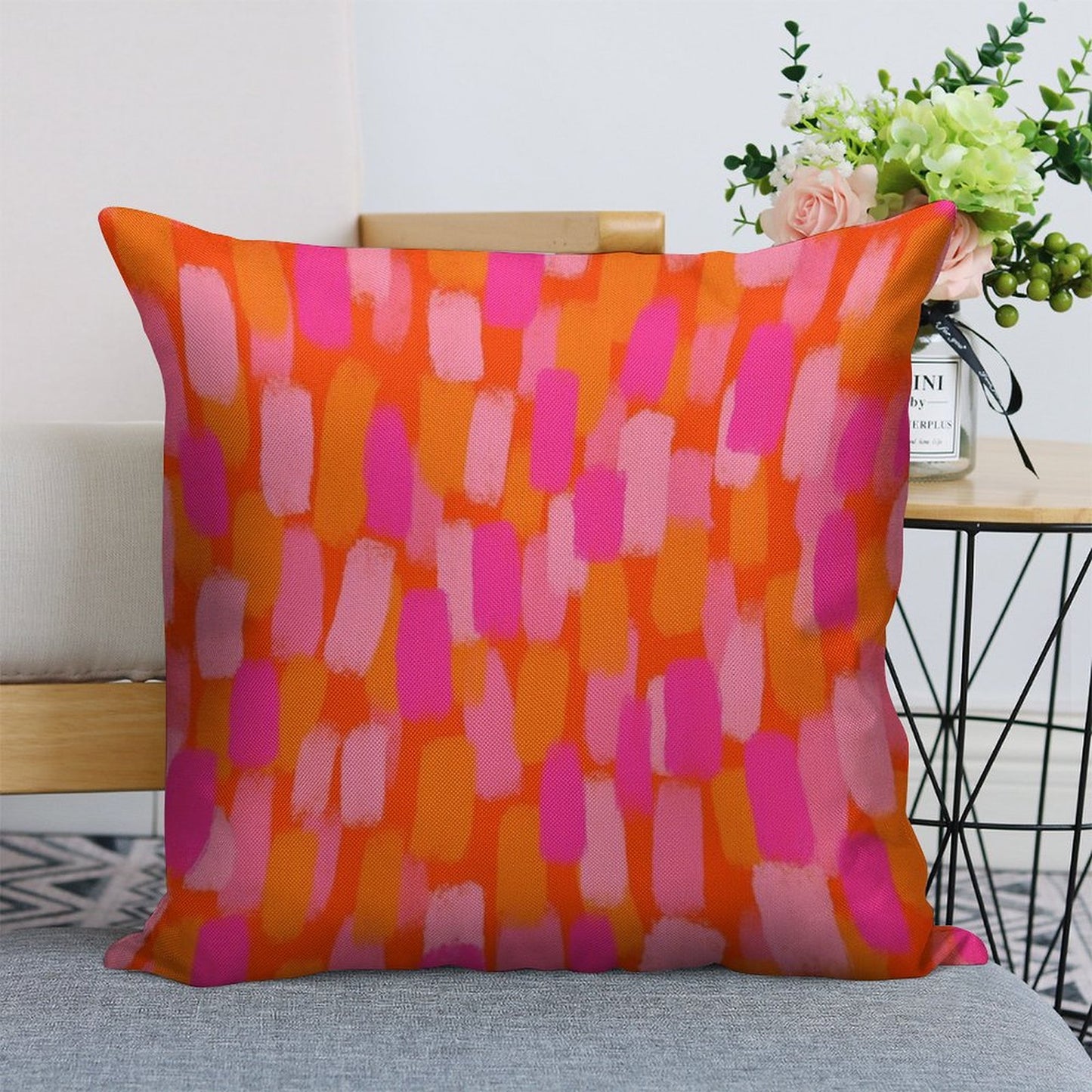 Abstract, Pink And Orange, Paint Brush Effect Linen Throw Pillow Cover