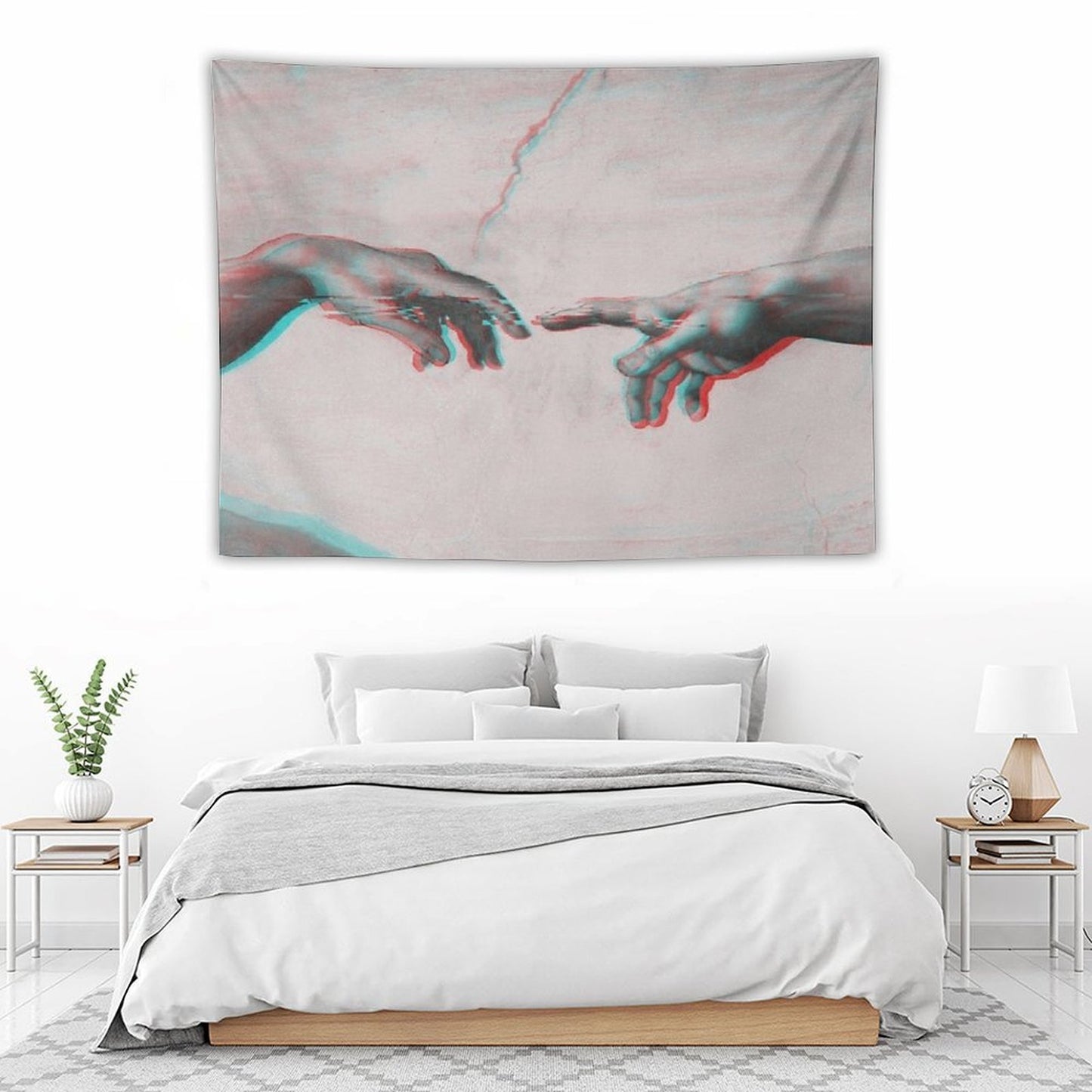 The Creation of Adam in GLITCH - Wall Tapestries Sistine Chapel Near-touching Hands of God And Adam Red Colorized Tapestry