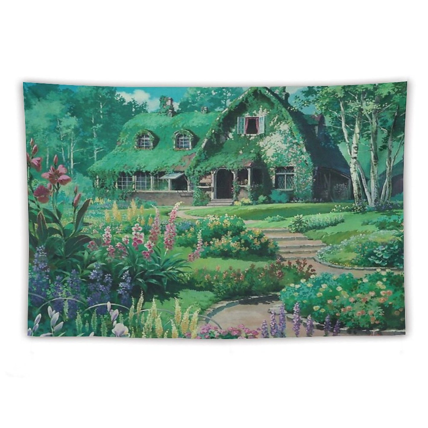 Anime Movie House with Flowers Scenery Tapestry