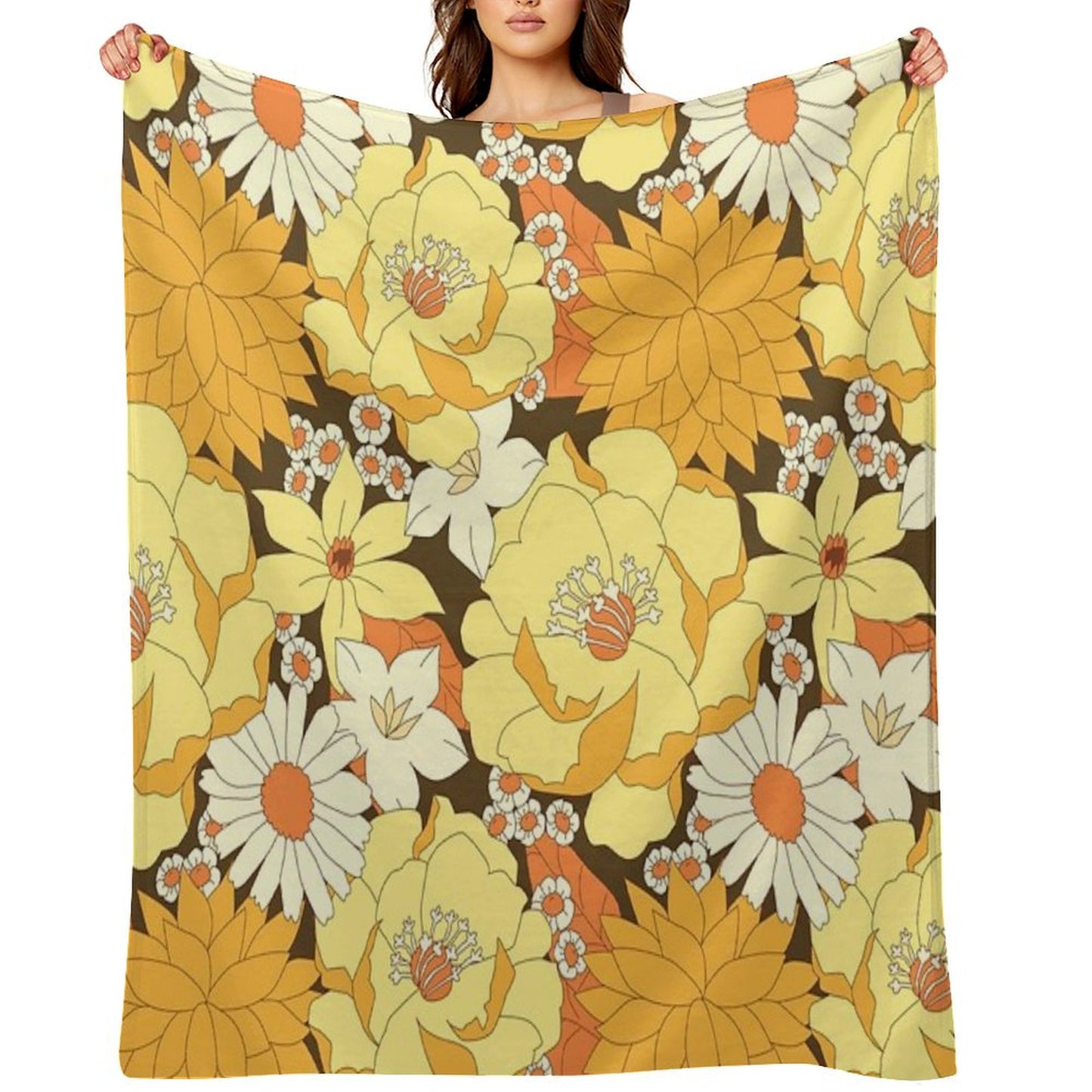 Yellow, Orange And Brown Vintage Floral Pattern Throw Blanket
