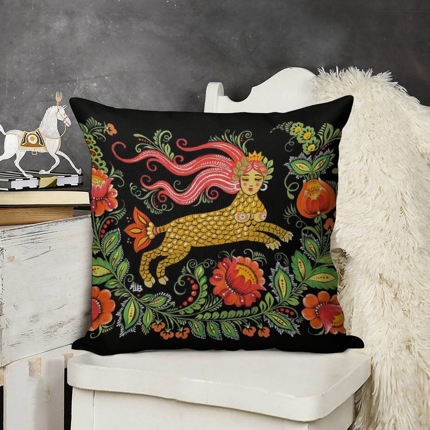 Magical Creature Folk Art (Lamia) Linen Throw Pillow Cover