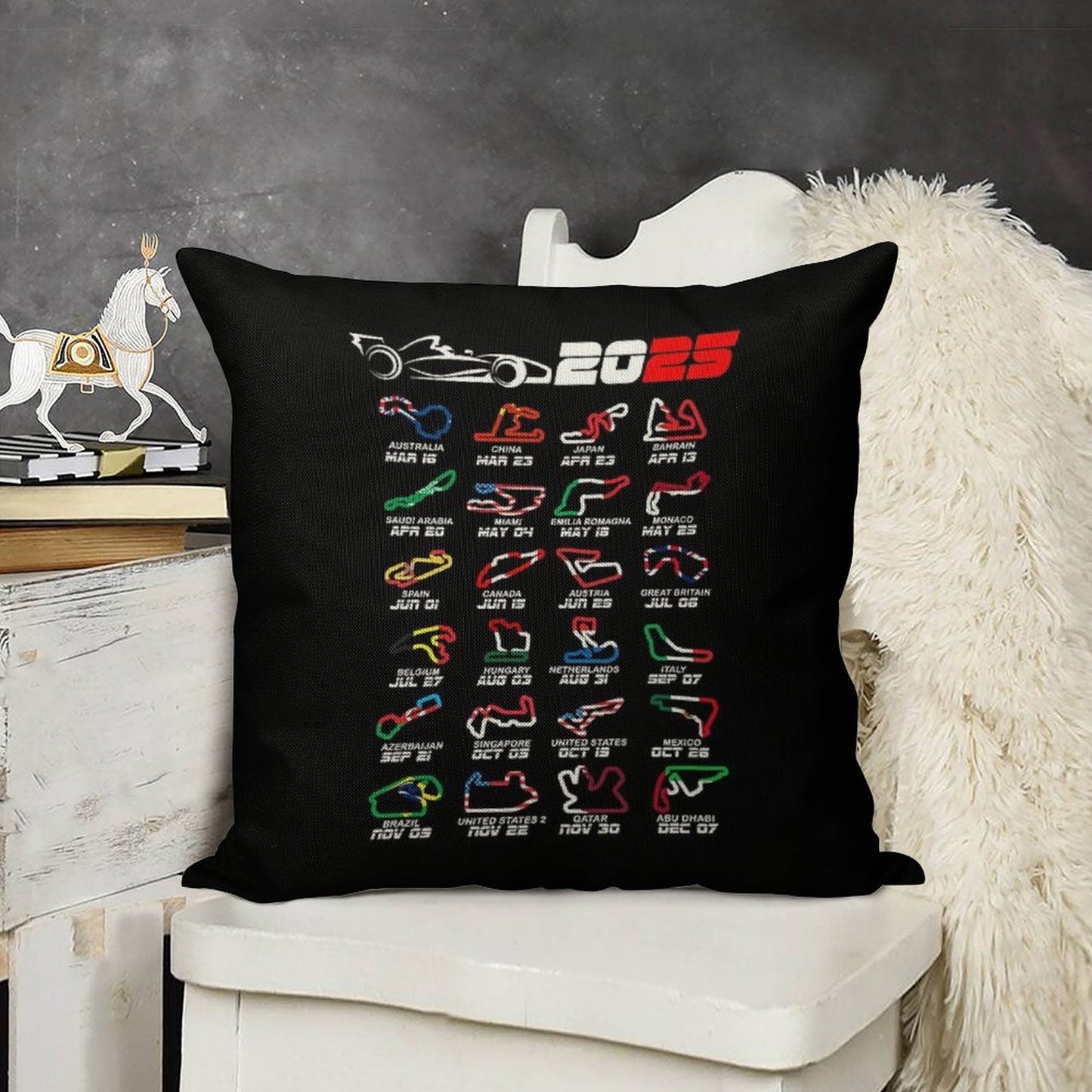 Calendar Formula Race Cars 2025 Circuits Colors Linen Throw Pillow Cover