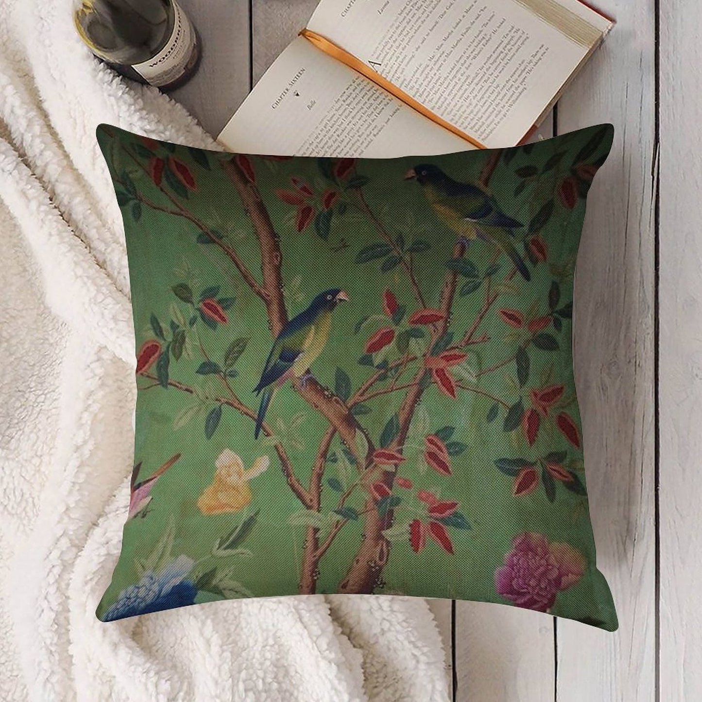 Green Dream Chinoiserie Linen Throw Pillow Cover