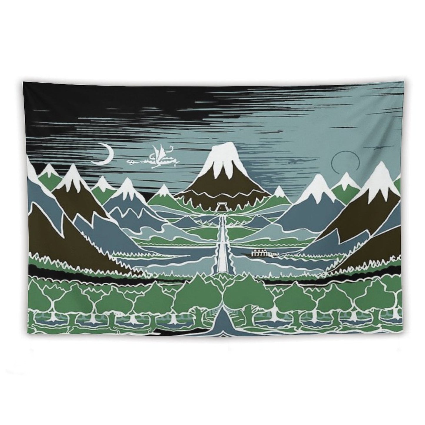 A Halflings Journey on A Mountain Path Through An Elven Wood in The Style of J.R.R.Tolkien Tapestry
