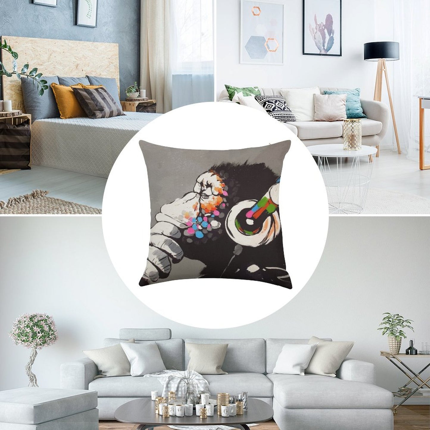 Banksy DJ Monkey Thinker with Headphones Linen Throw Pillow Cover