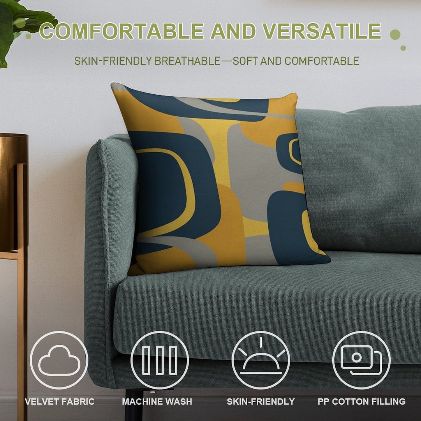 Mid Century Modern Retro Abstract Pattern in Navy Blue, Mustard Yellow, And Gray Soft Anti-Pilling Throw Pillow