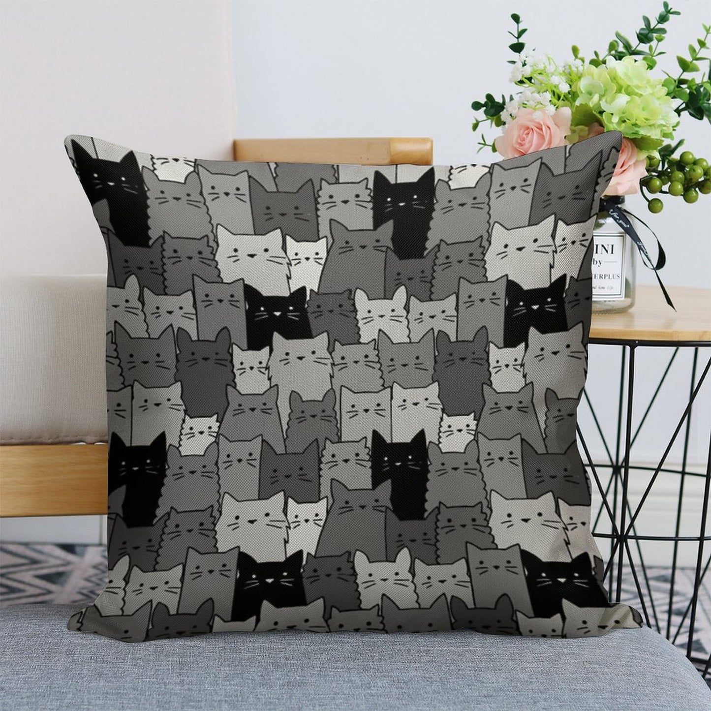 Silent Cats Monochromatic Linen Throw Pillow Cover