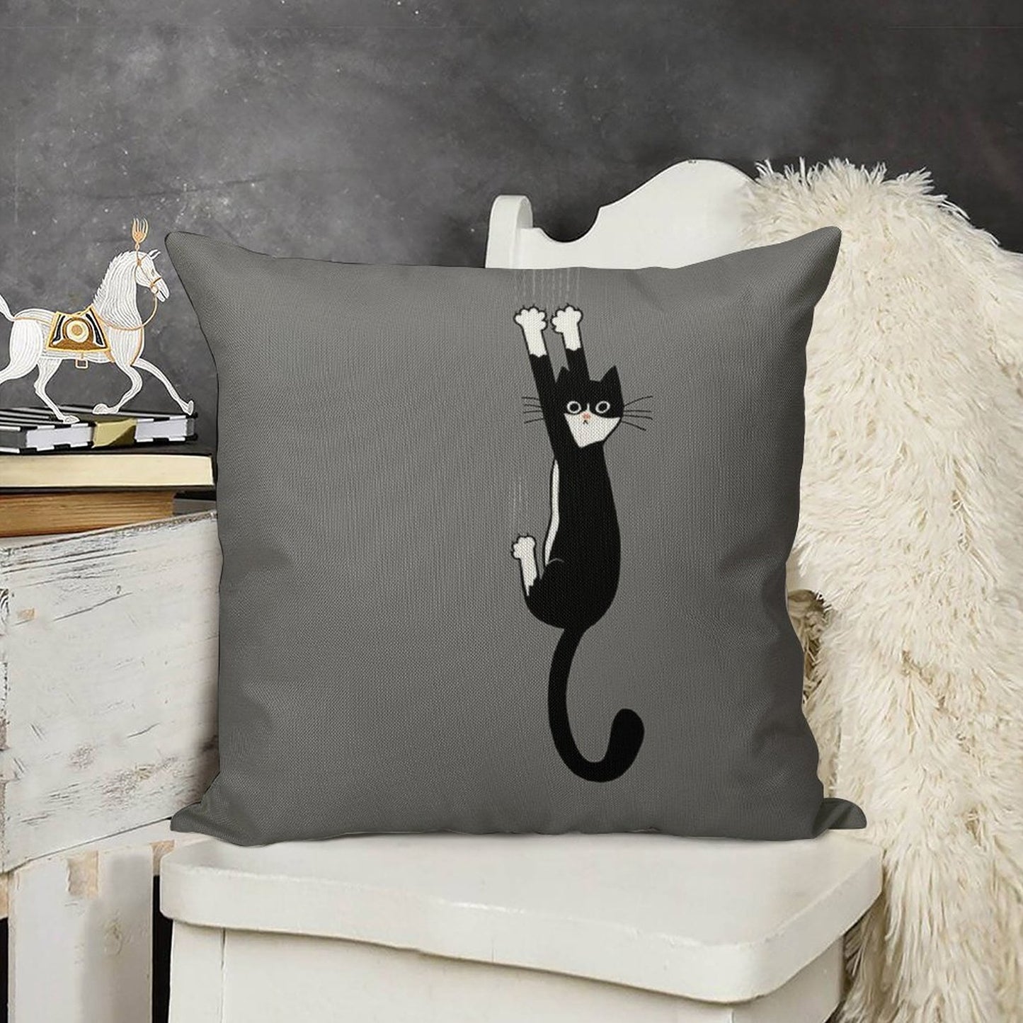 Black And White Cat Hanging On  Funny Tuxedo Cat Linen Throw Pillow Cover