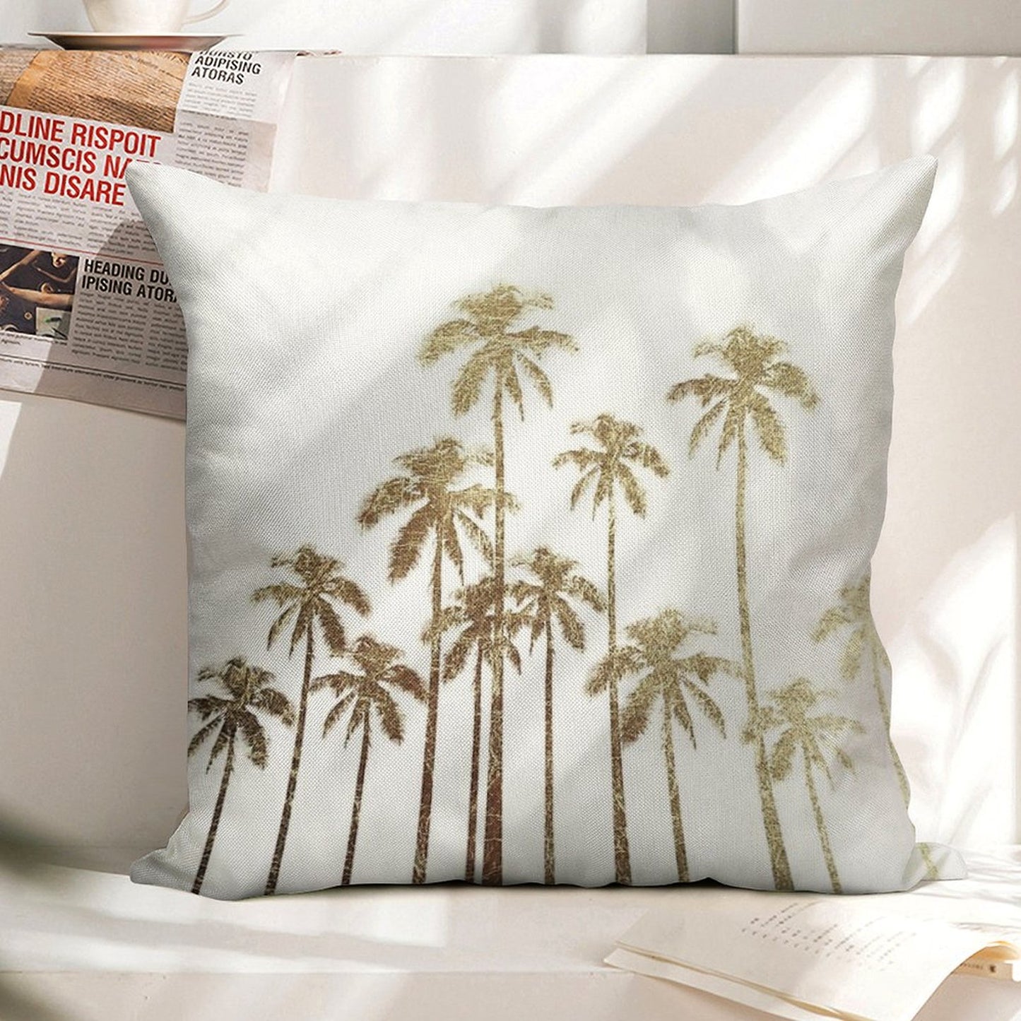 Glamorous Gold Tropical Palm Trees on White Linen Throw Pillow Cover
