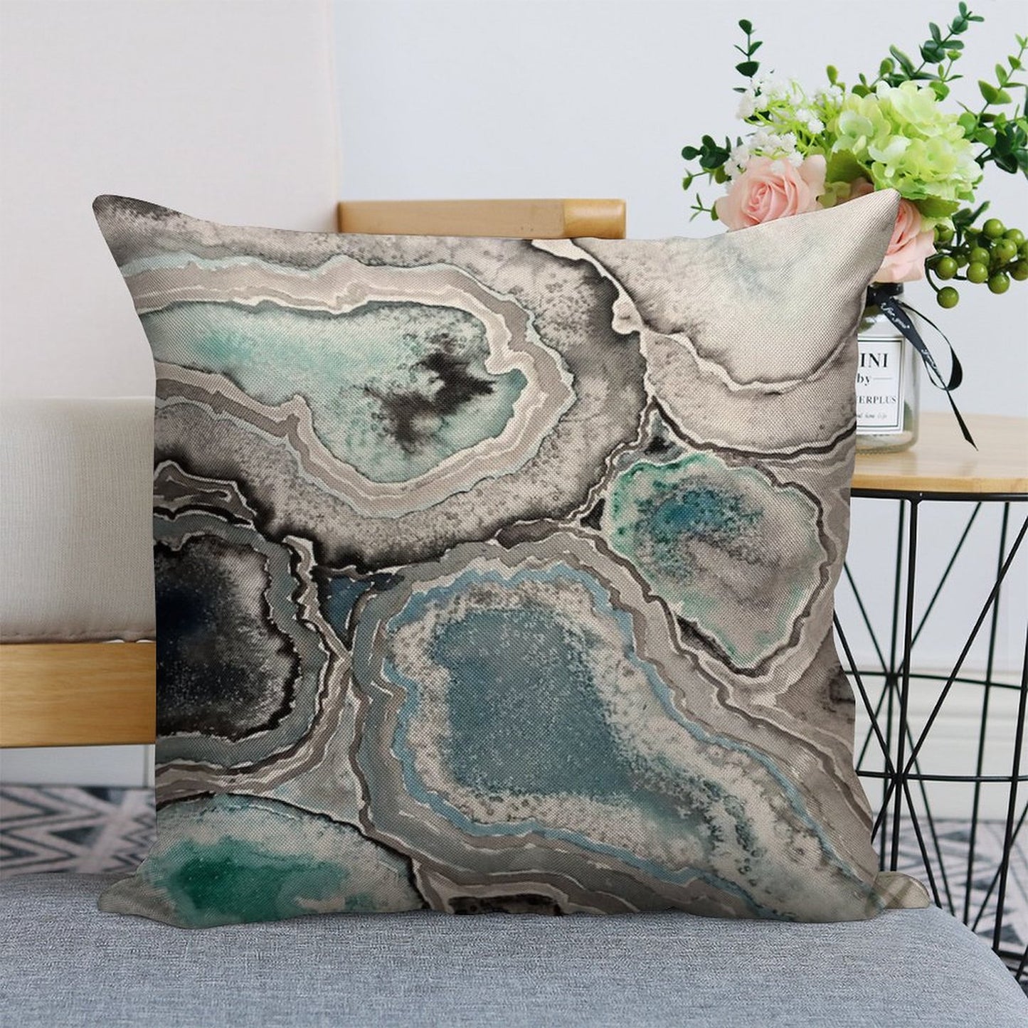 Ode To Geode - BlueTeal Linen Throw Pillow Cover