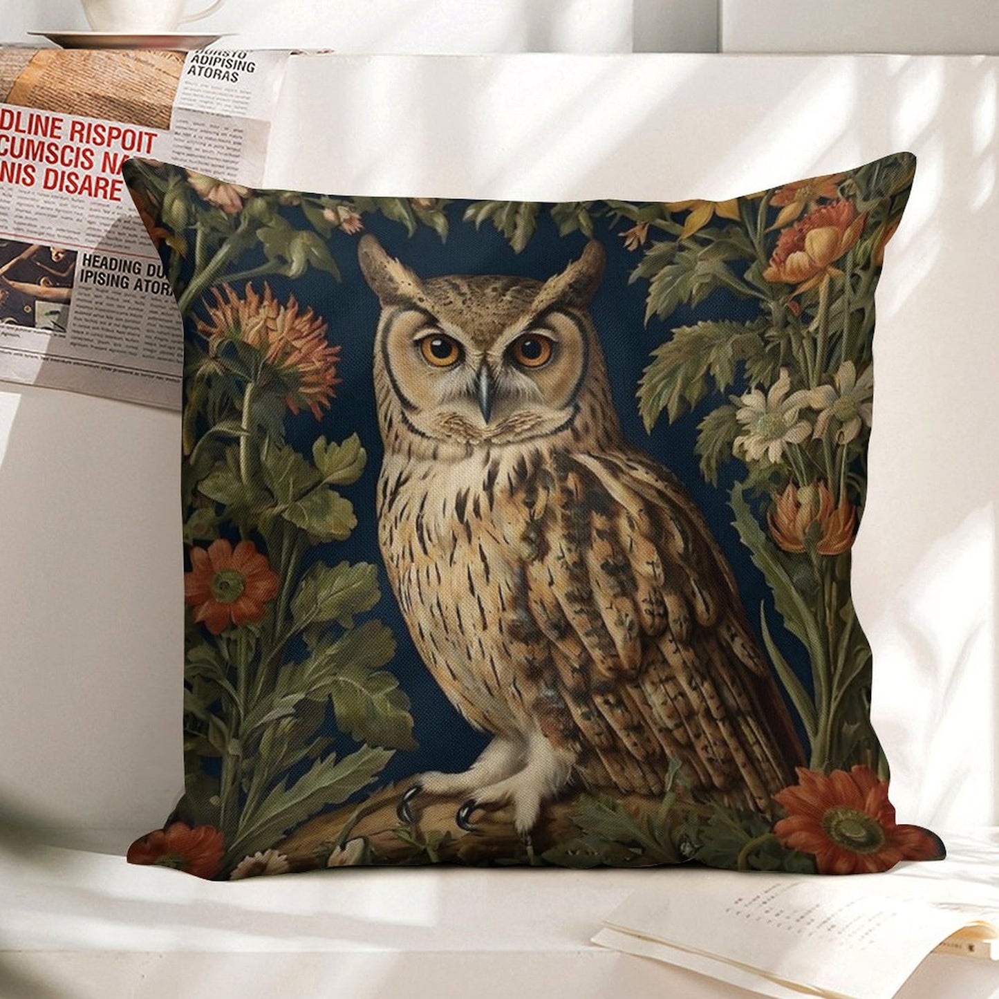 Vintage Forest Owl William Morris Style Linen Throw Pillow Cover