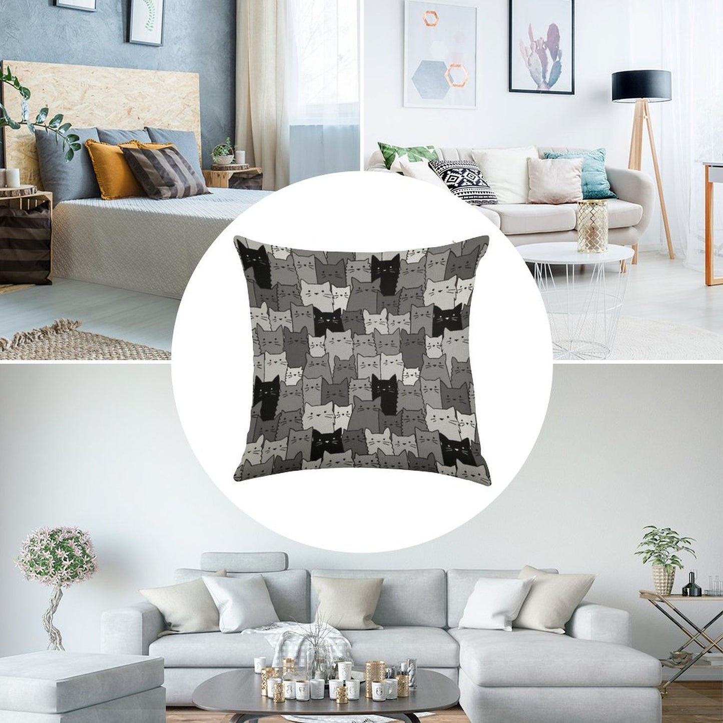 Silent Cats Monochromatic Linen Throw Pillow Cover