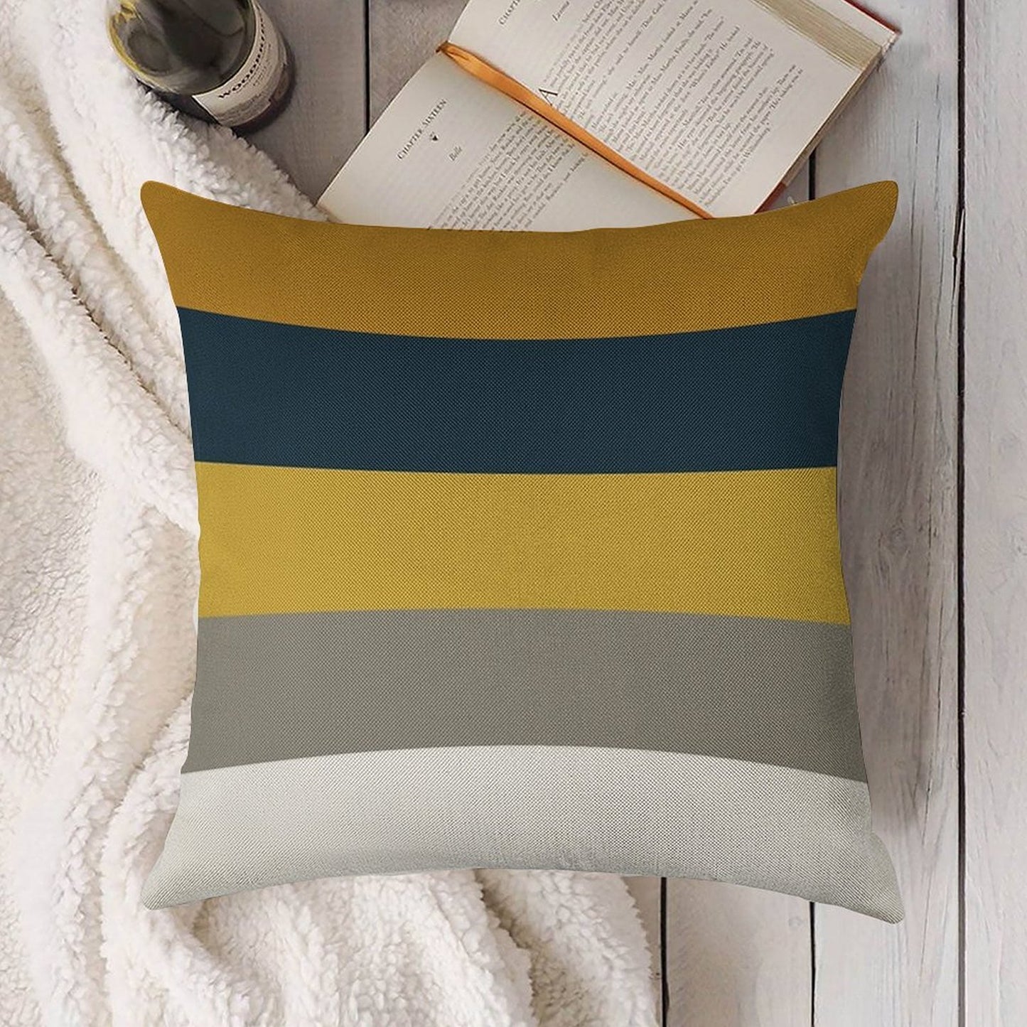 Broad Stripes Pattern in Light And Dark Mustard Yellow, Grey, White, And Navy Blue Linen Throw Pillow Cover