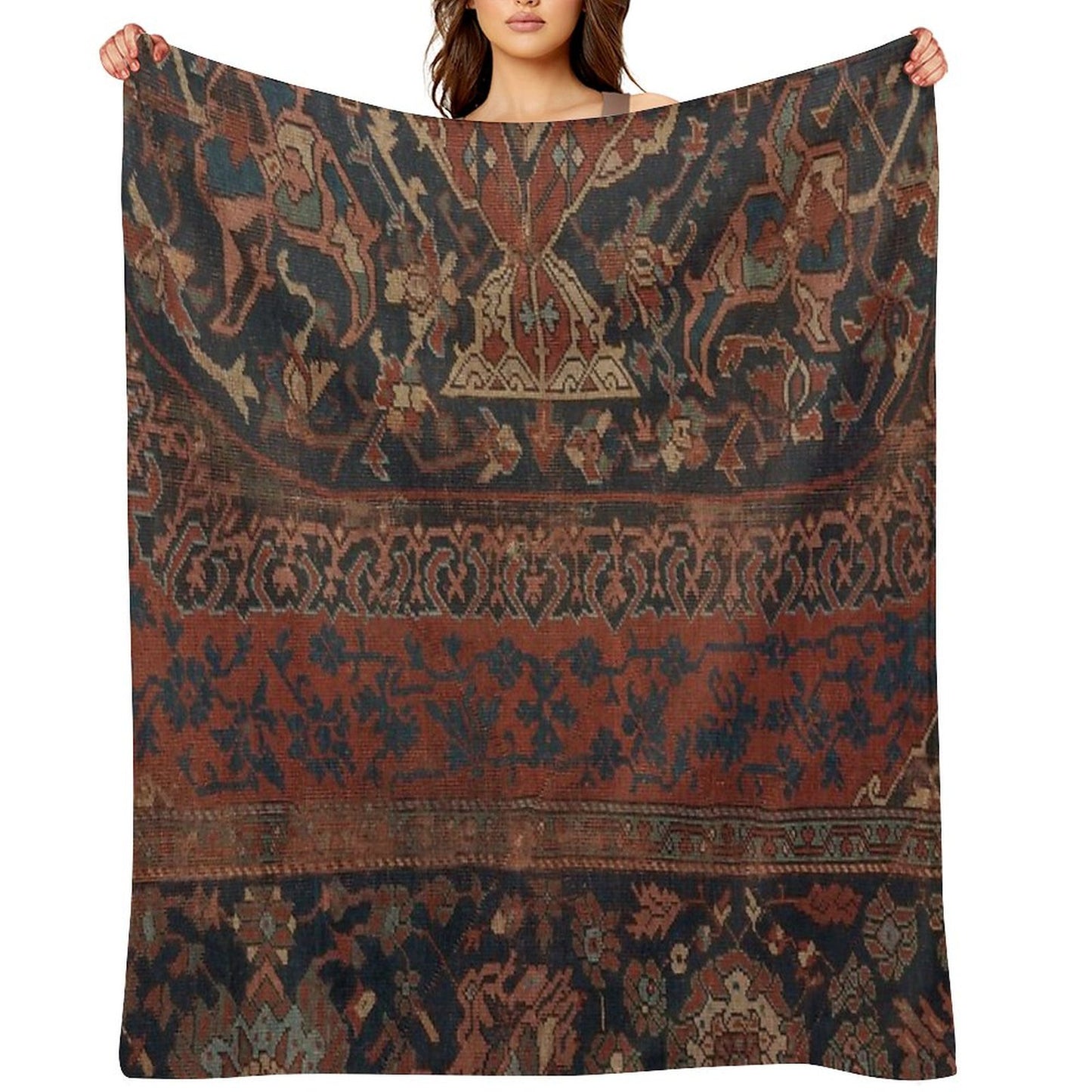 Boho Chic Dark III 17th Century Colorful Medallion Red Blue Green Brown Ornate Accent Rug Pattern Throw Blanket