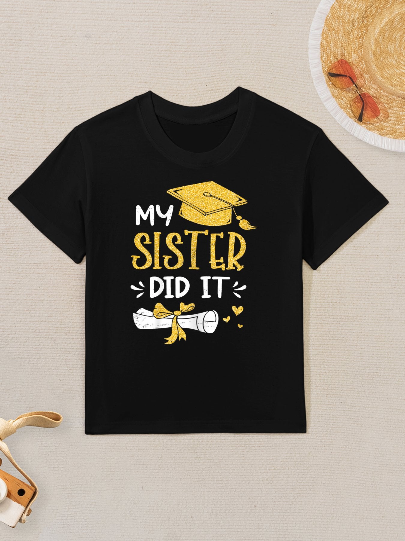 Back To School My Sister Did It Funny Graduation Proud Sister Graduated, Female X-Small, Black Kids T-Shirt