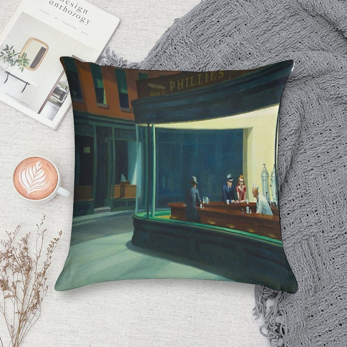 Edward Hopper - NightHawks, Art Reproduction Soft Warmth Comfort Throw Pillow
