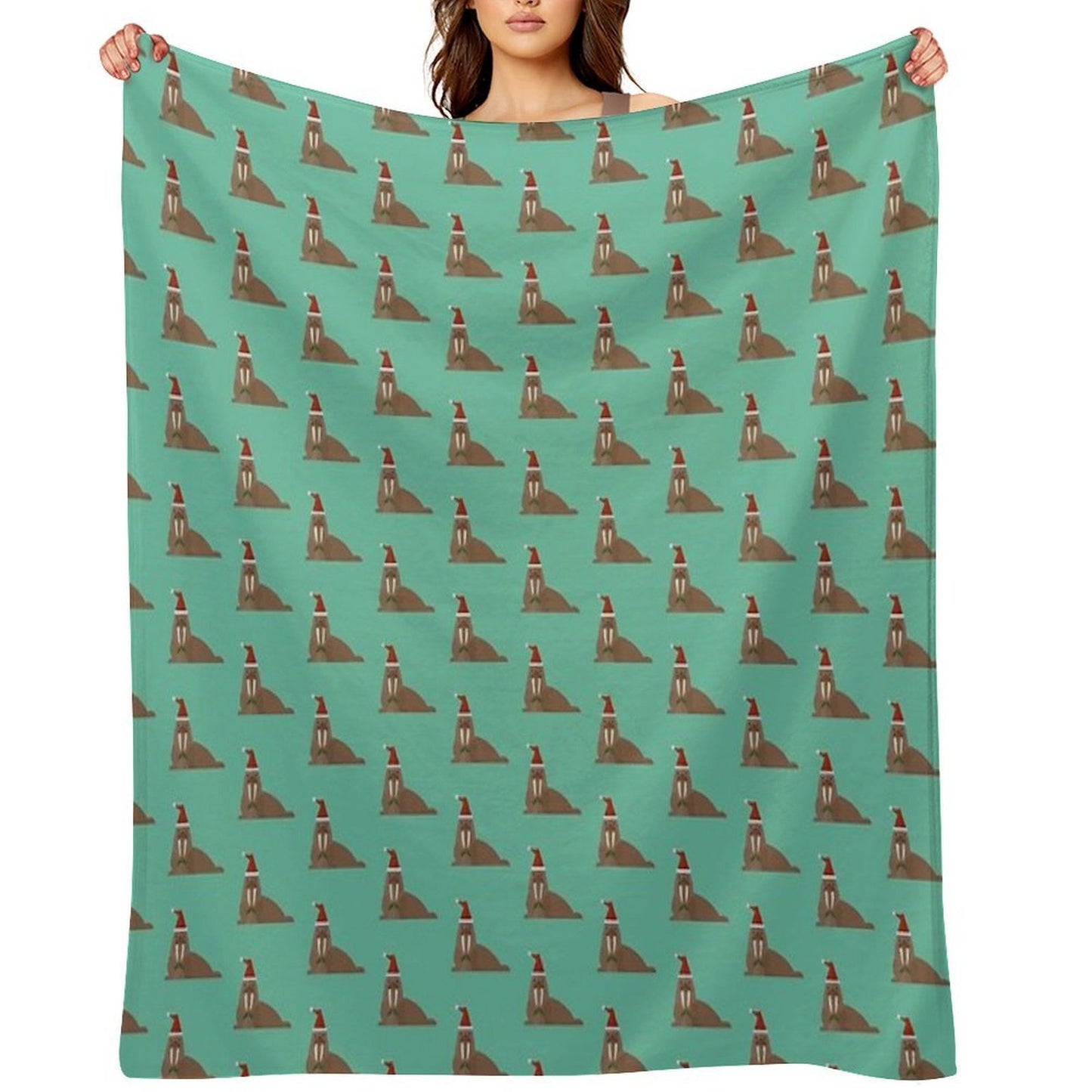 Christmas Walruses on Blue Throw Blanket