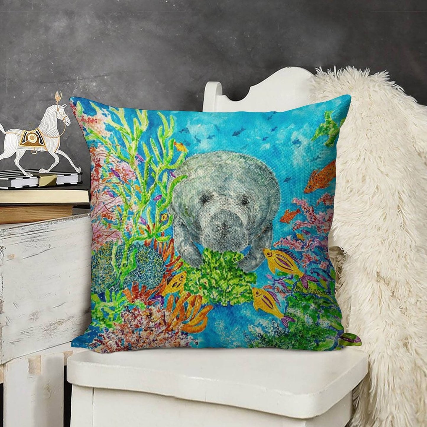 Manatee Lunchtime Linen Throw Pillow Cover