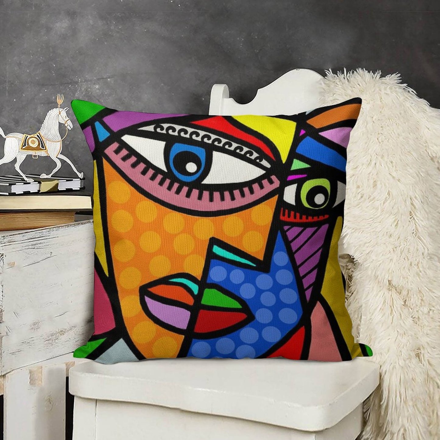 Funky Abstract Style Art Face with Dots And Stripes Linen Throw Pillow Cover