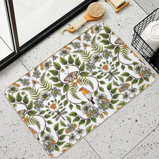 Spring Reflection - FloralBotanical Pattern W Birds, Moths, Dragonflies & Flowers Bath Mat