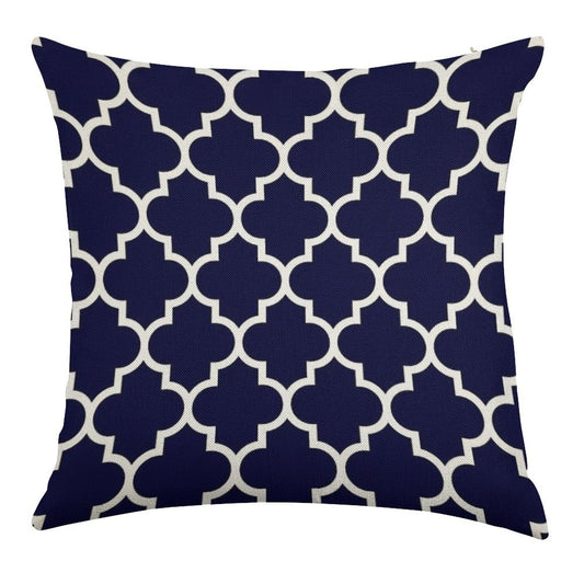 Navy Blue Quatrefoil Pattern Linen Throw Pillow Cover
