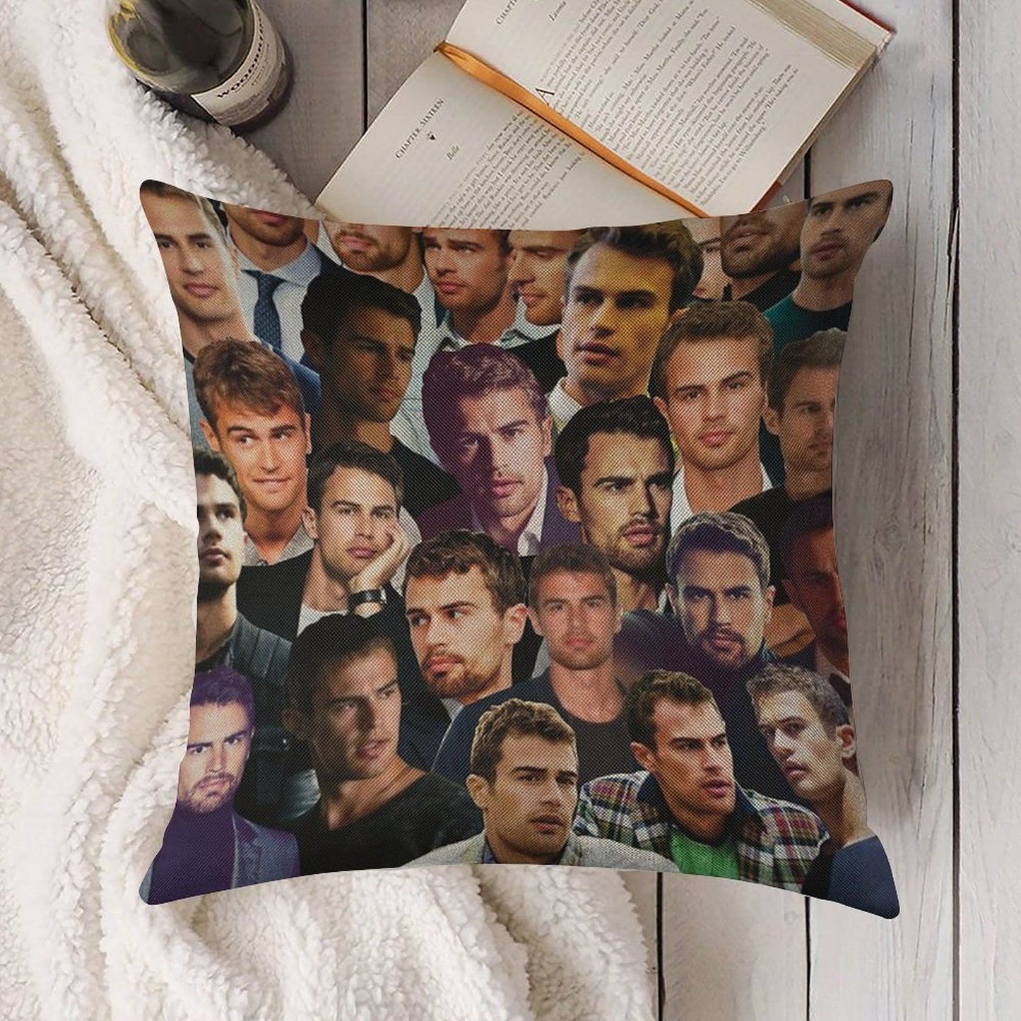 Theo James Photo Collage Linen Throw Pillow Cover
