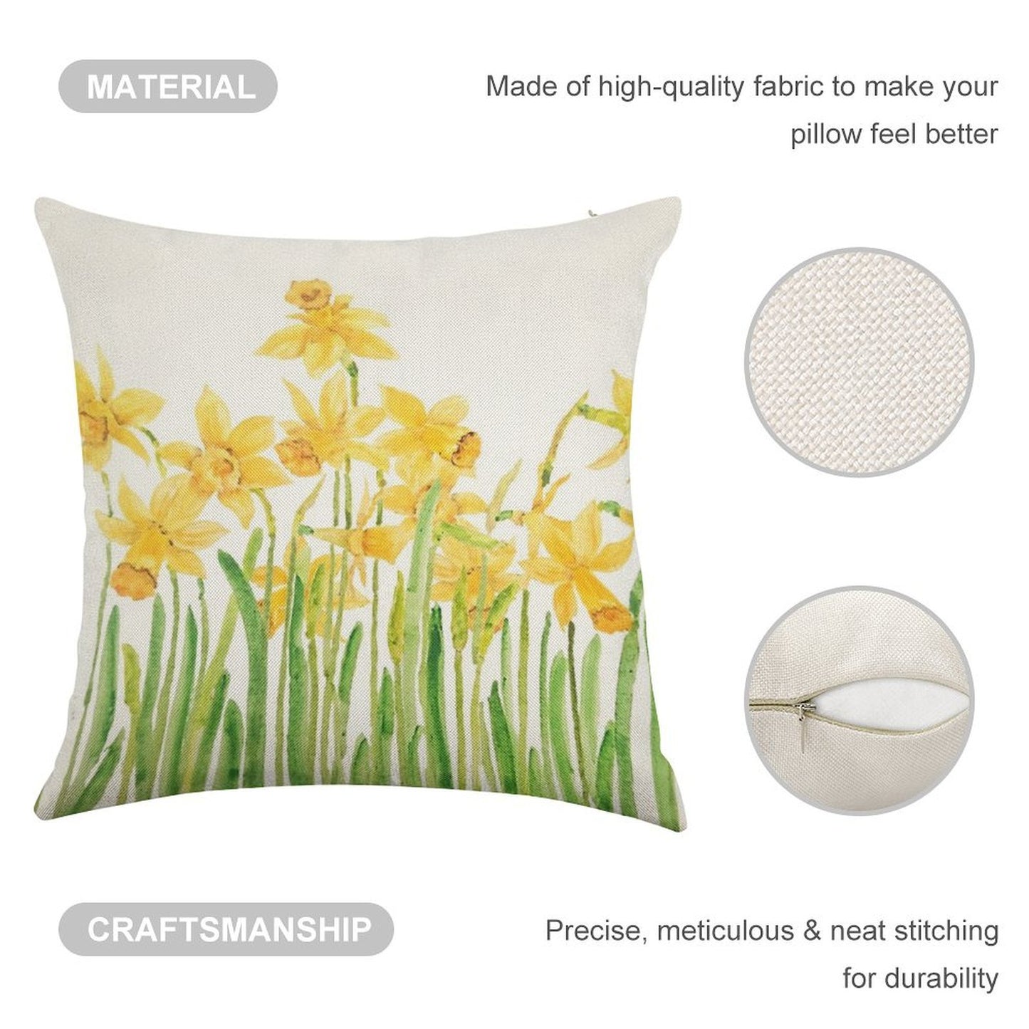 Hand Painted Yellow Daffodils Field Watercolor Linen Throw Pillow Cover