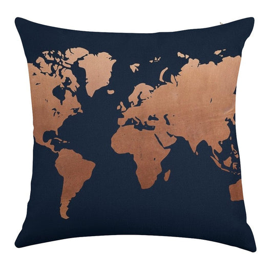 World Map - Navy Blue And Copper Linen Throw Pillow Cover