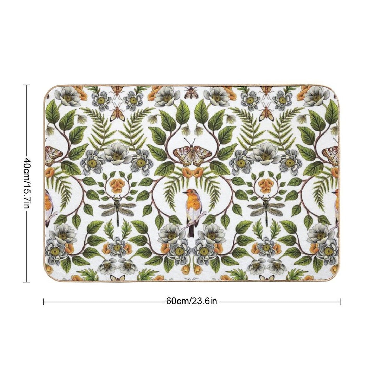 Spring Reflection - FloralBotanical Pattern W Birds, Moths, Dragonflies & Flowers Bath Mat