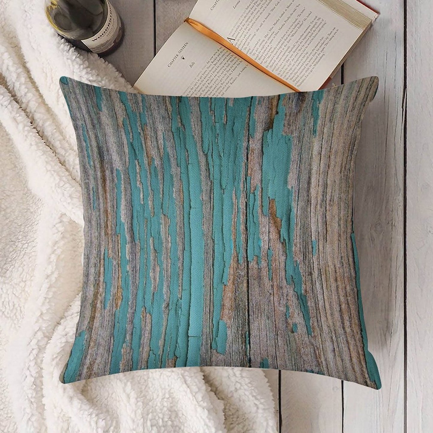 Shabby Rustic Weathered Wood Turquoise Linen Throw Pillow Cover