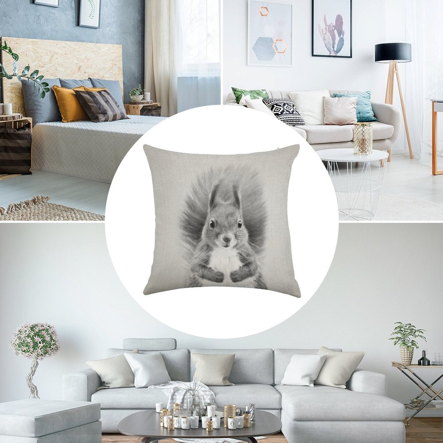 Squirrel 2 - Black & White Linen Throw Pillow Cover