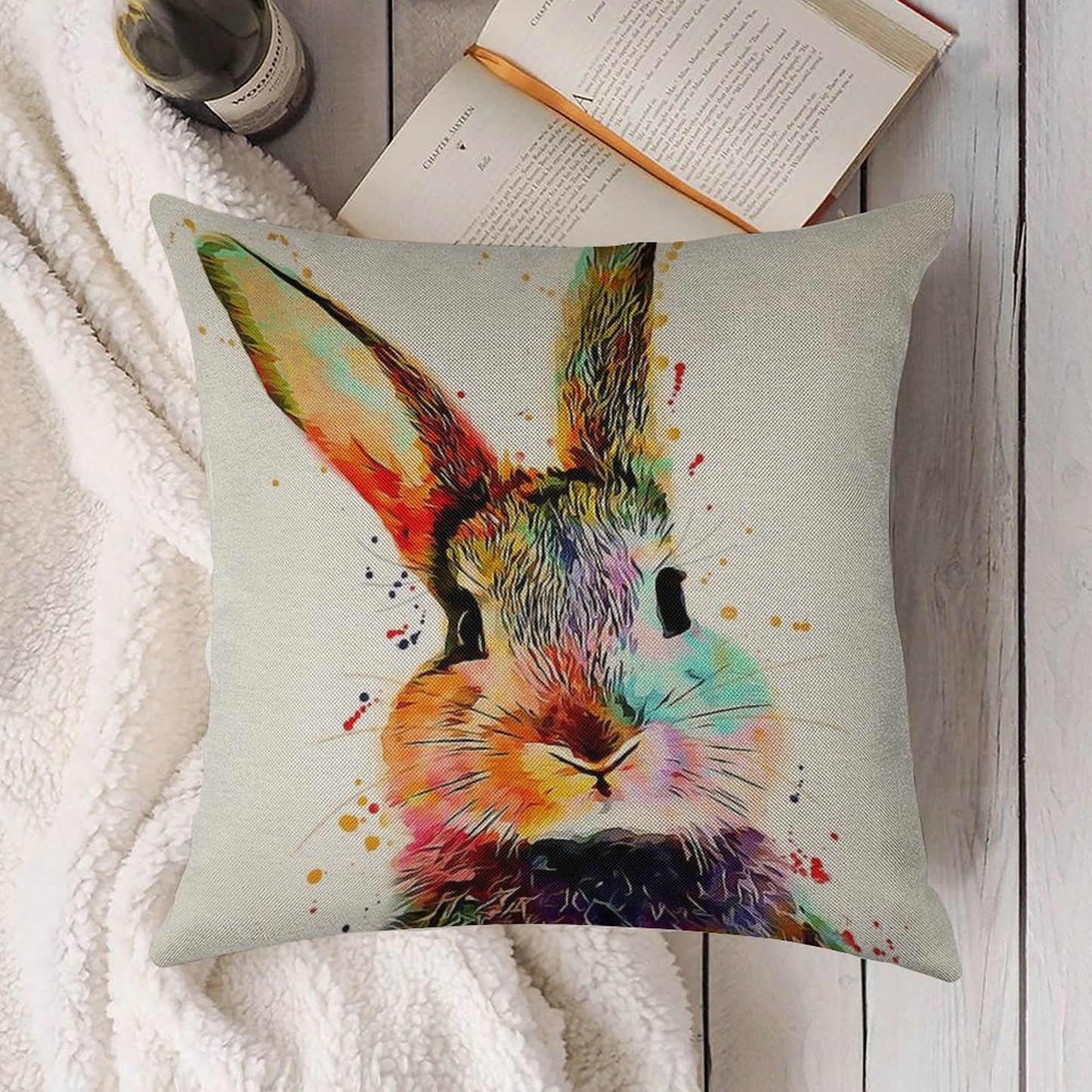 Rabbit Watercolor Art Work Linen Throw Pillow Cover