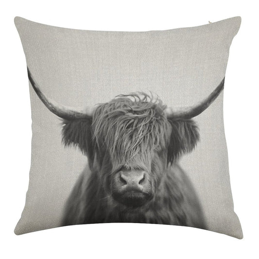 Highland Cow - Black & White Linen Throw Pillow Cover
