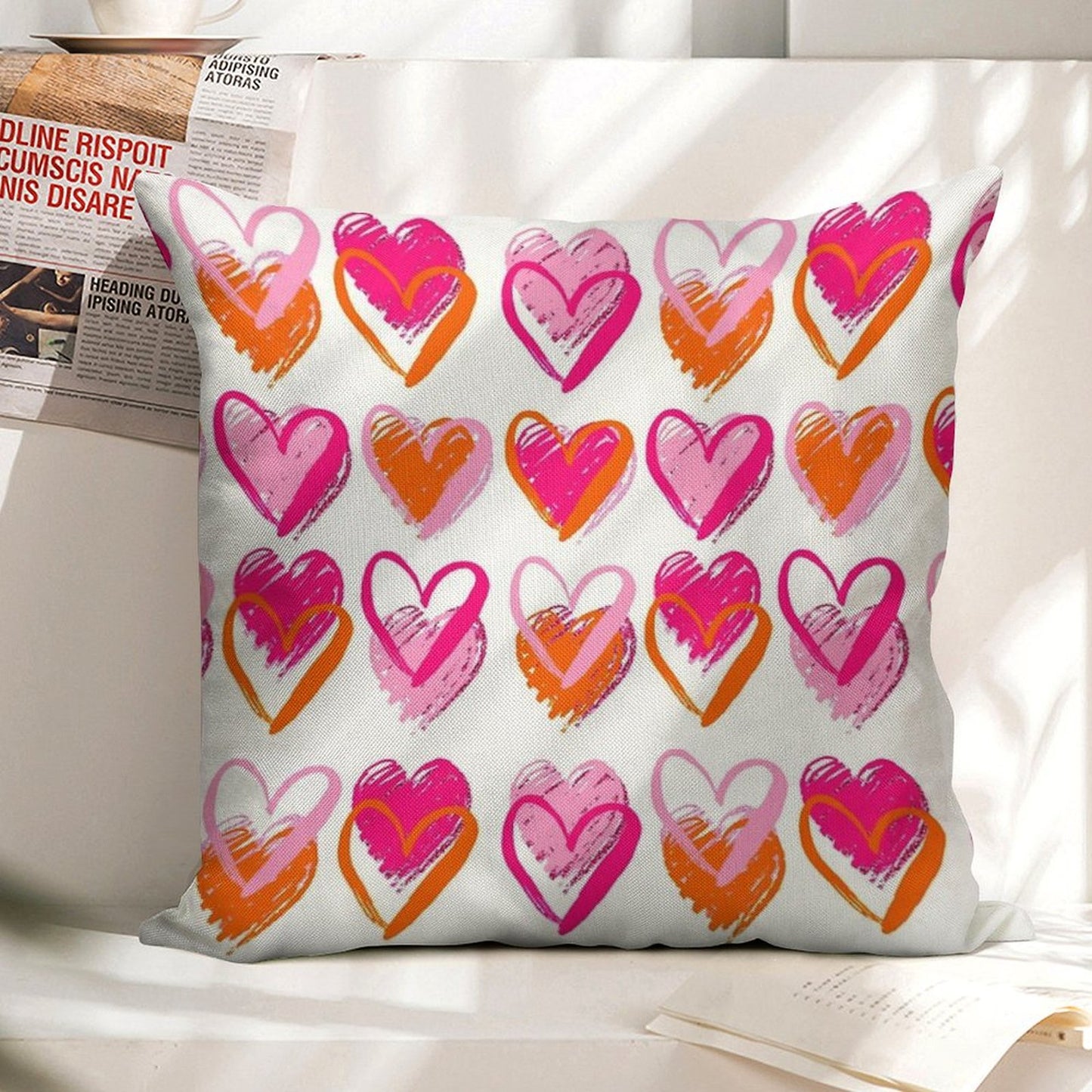 Pink And Orange Hearts Linen Throw Pillow Cover