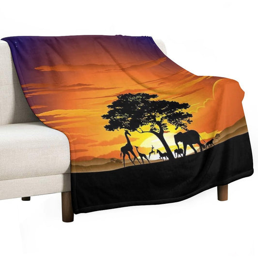 Wild Animals on African Savanna Sunset Throw Blanket