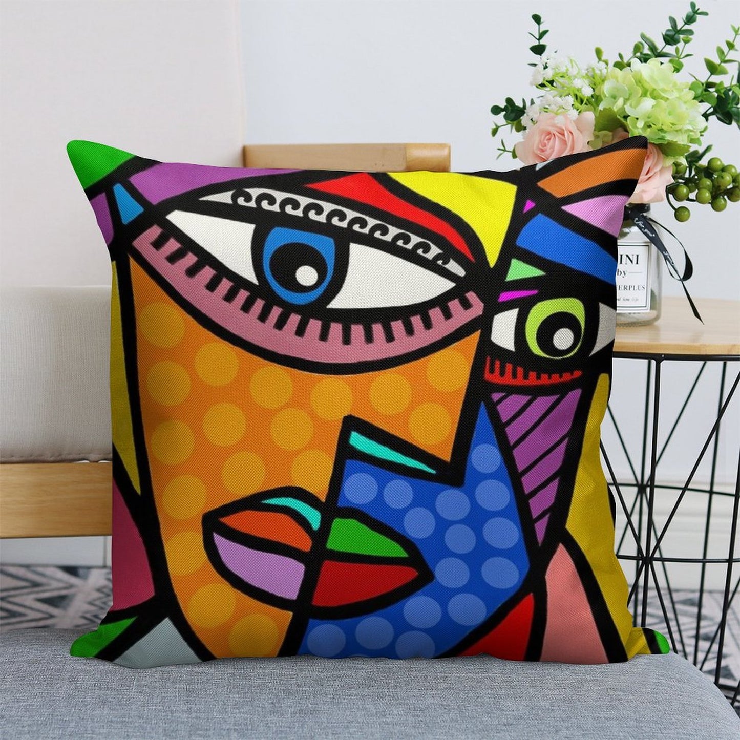 Funky Abstract Style Art Face with Dots And Stripes Linen Throw Pillow Cover