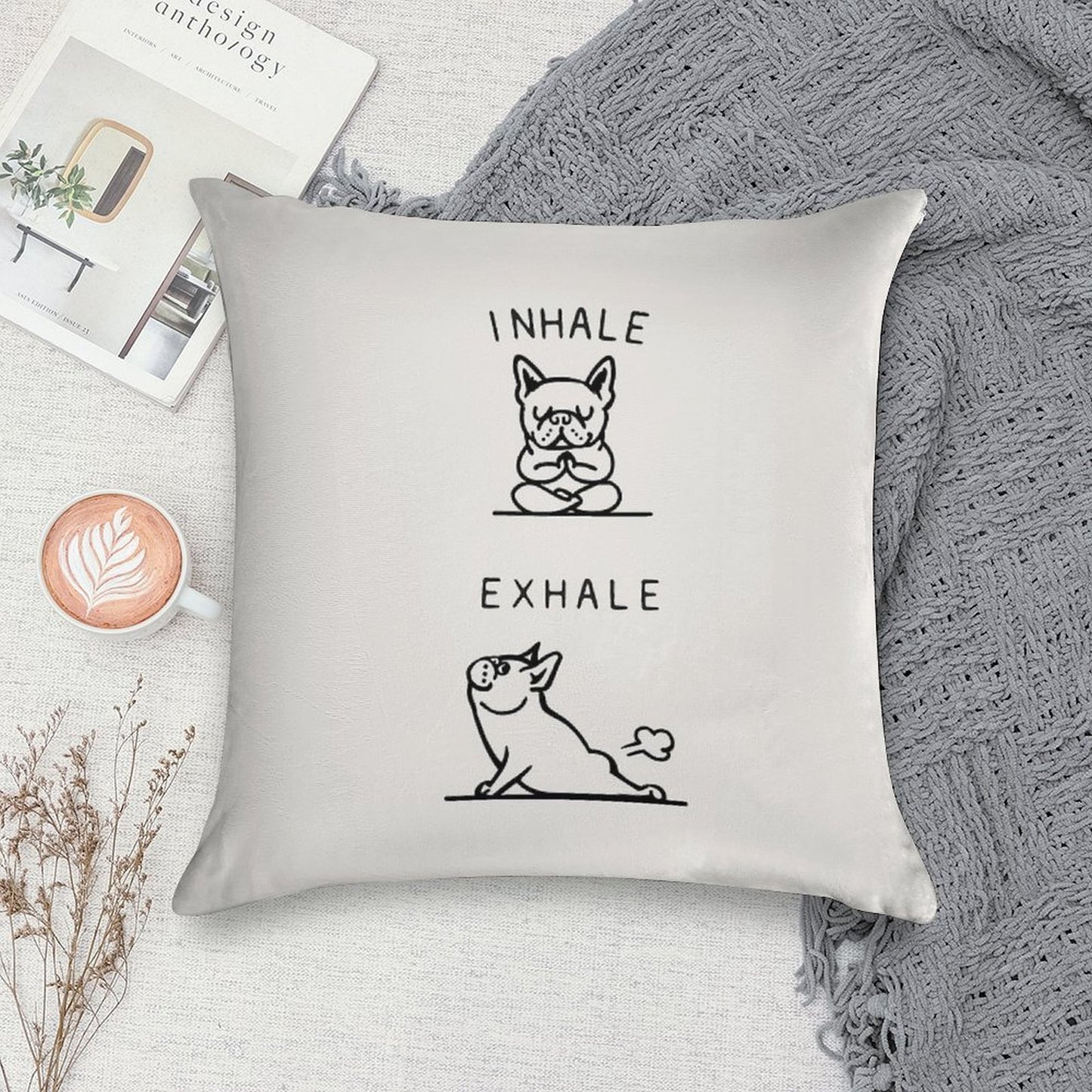 Inhale Exhale Frenchie Soft Reinforced Edging Throw Pillow
