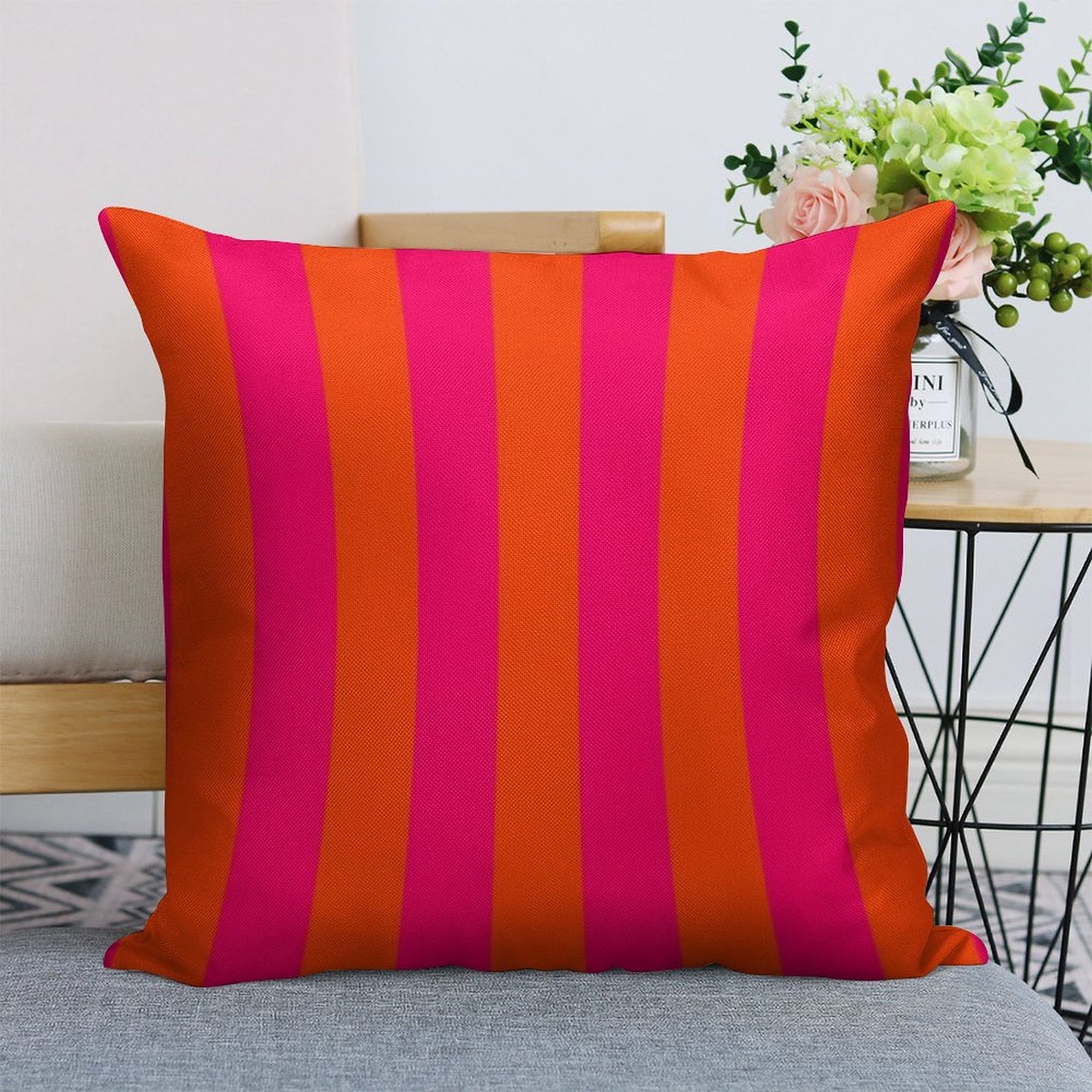 Bright Neon Pink And Orange Vertical Cabana Tent Stripes Linen Throw Pillow Cover