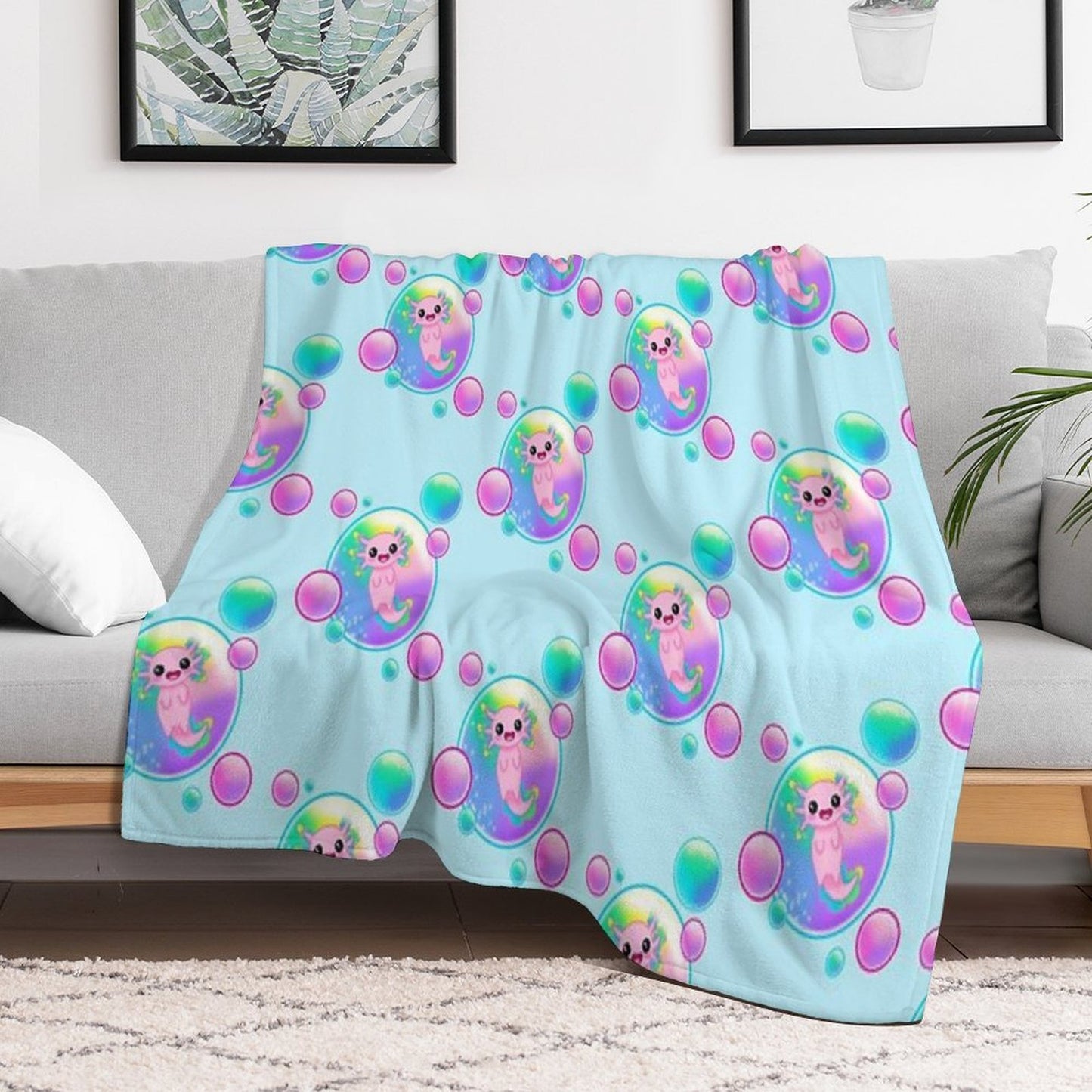 Kawaii Axolotl with Bubbles Throw Blanket