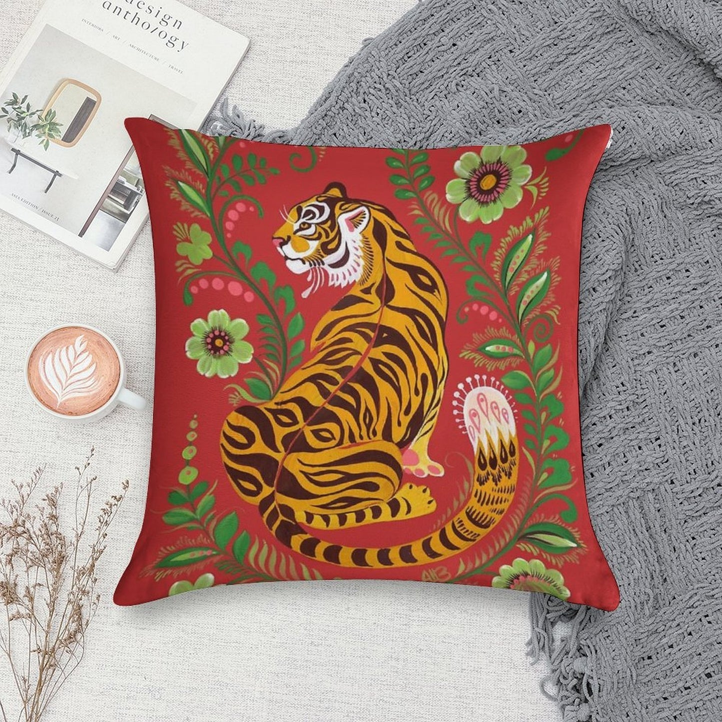 Tiger Folk Art Soft Skin-Friendly Throw Pillow