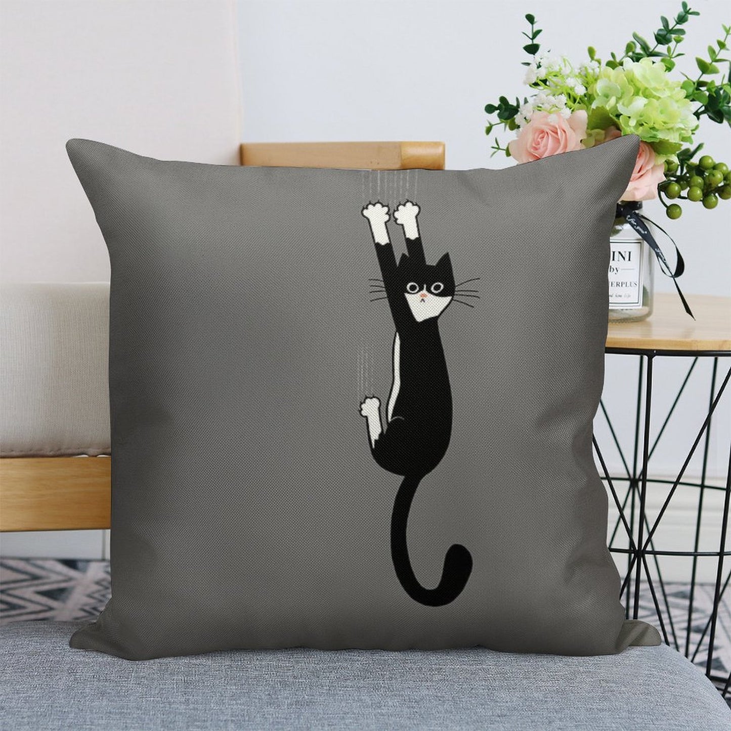 Black And White Cat Hanging On  Funny Tuxedo Cat Linen Throw Pillow Cover