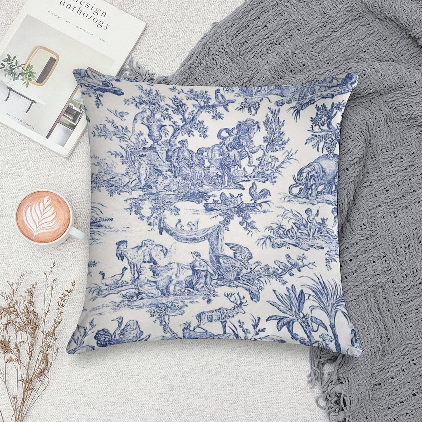 Blue Toile - English - French Countryside Soft Durable Construction Throw Pillow