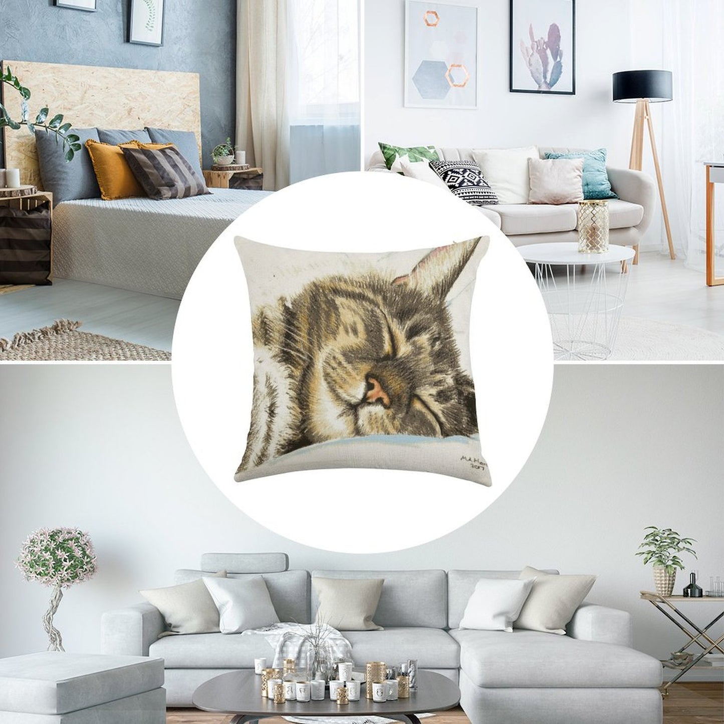 Sleeping Tabby Cat Linen Throw Pillow Cover