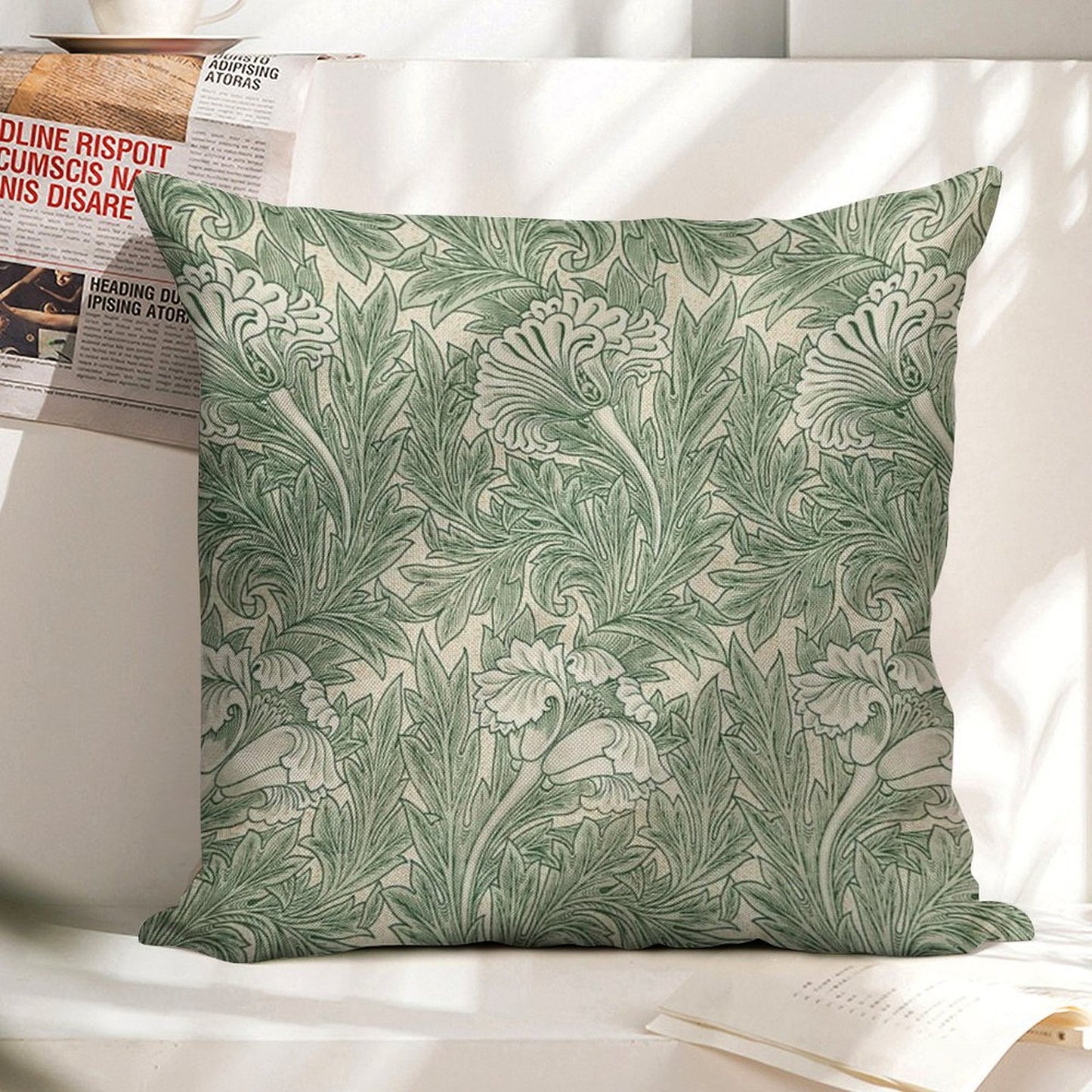 William Morris Vintage Green Tulip Floral Pattern Linen Throw Pillow Cover