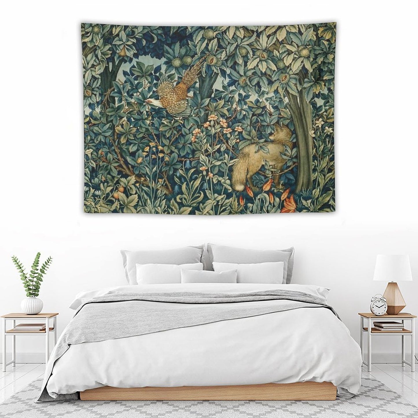 GREENERY, FOREST ANIMALS Pheasant And Fox Blue Green Floral Tapestry Tapestry