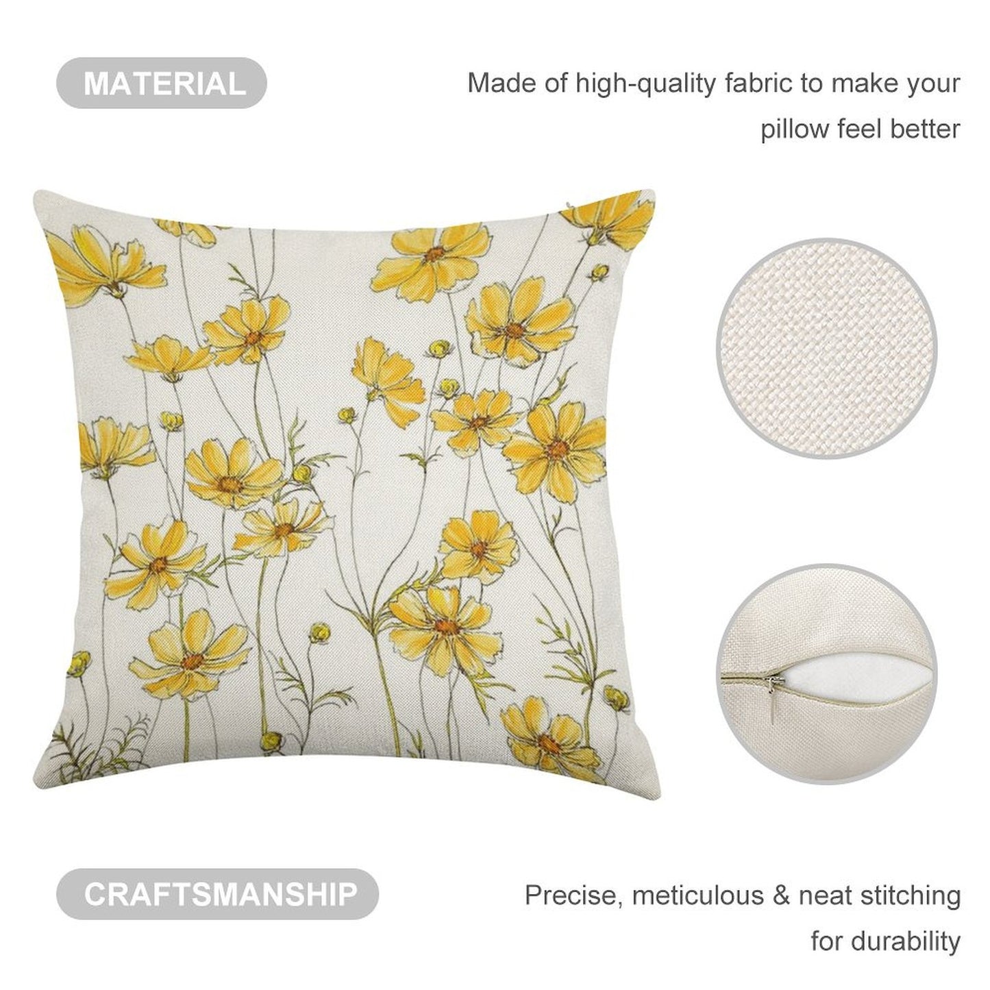 Yellow Cosmos Flowers Linen Throw Pillow Cover