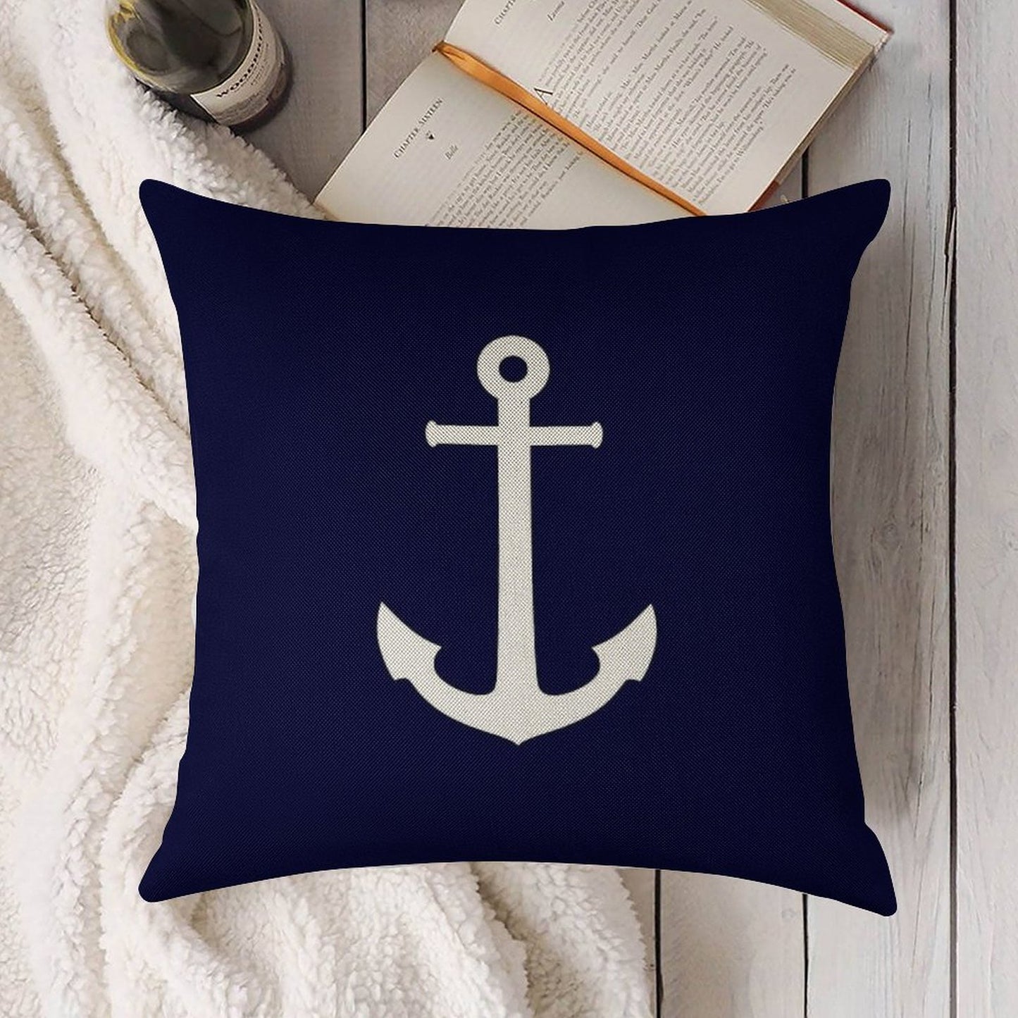 White Anchor On Navy Blue Linen Throw Pillow Cover