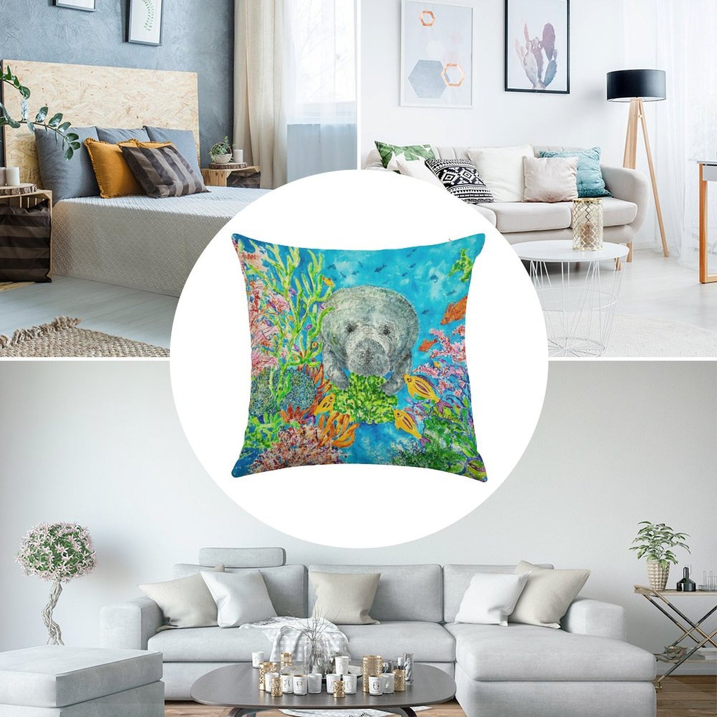 Manatee Lunchtime Linen Throw Pillow Cover