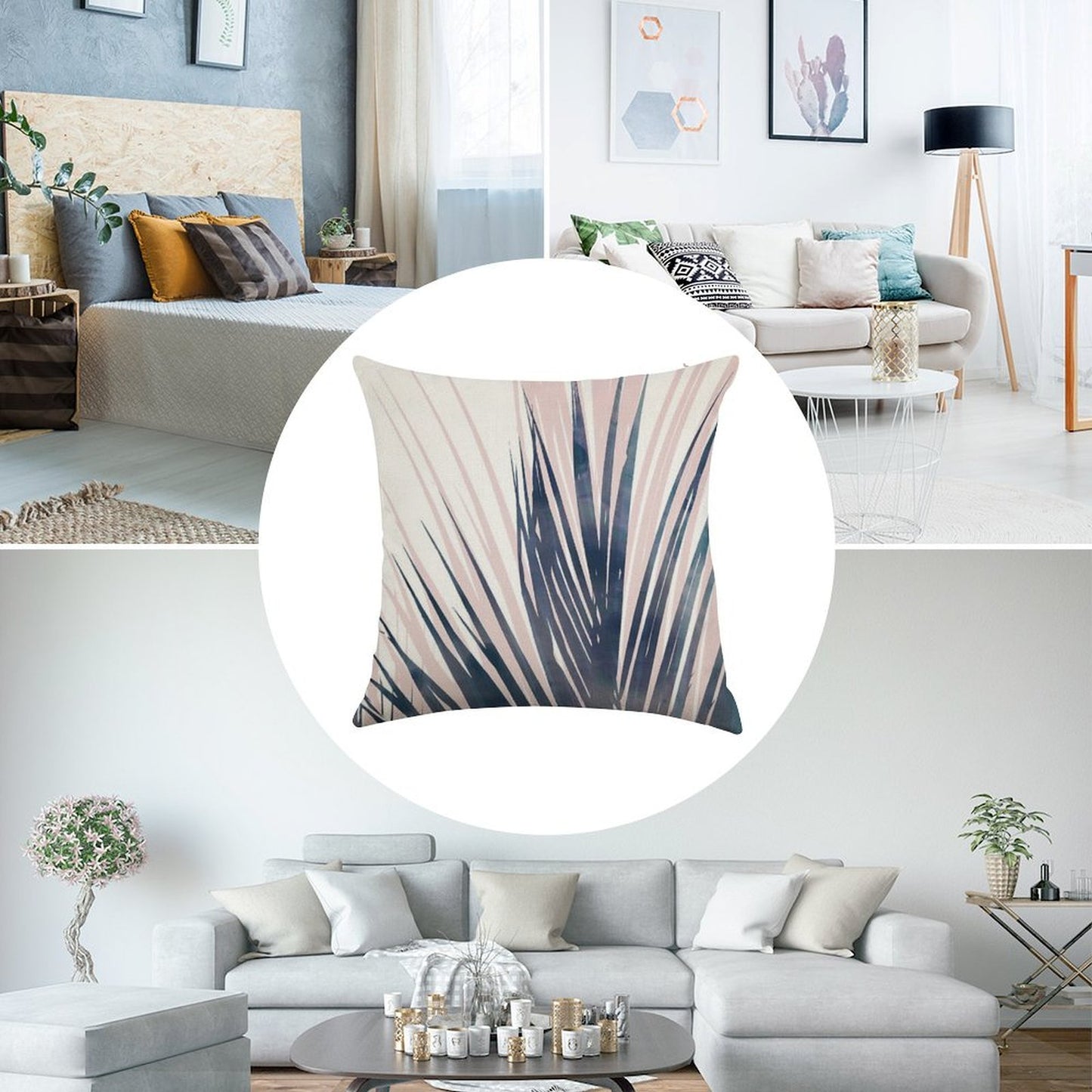 Contemporary Palm Leaf in Navy Blue And Blush Pink Linen Throw Pillow Cover