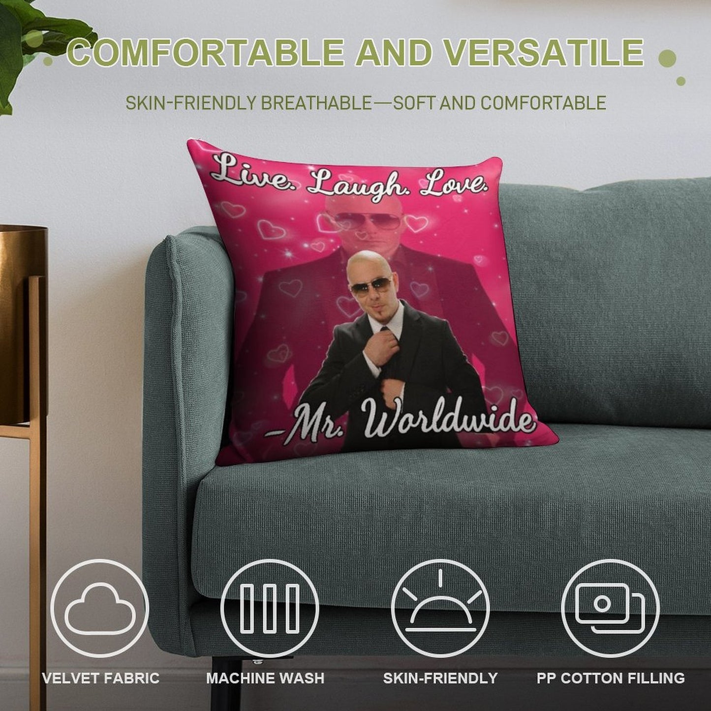 Mr Worldwide Live. Laugh. Love. Soft Reinforced Edging Throw Pillow